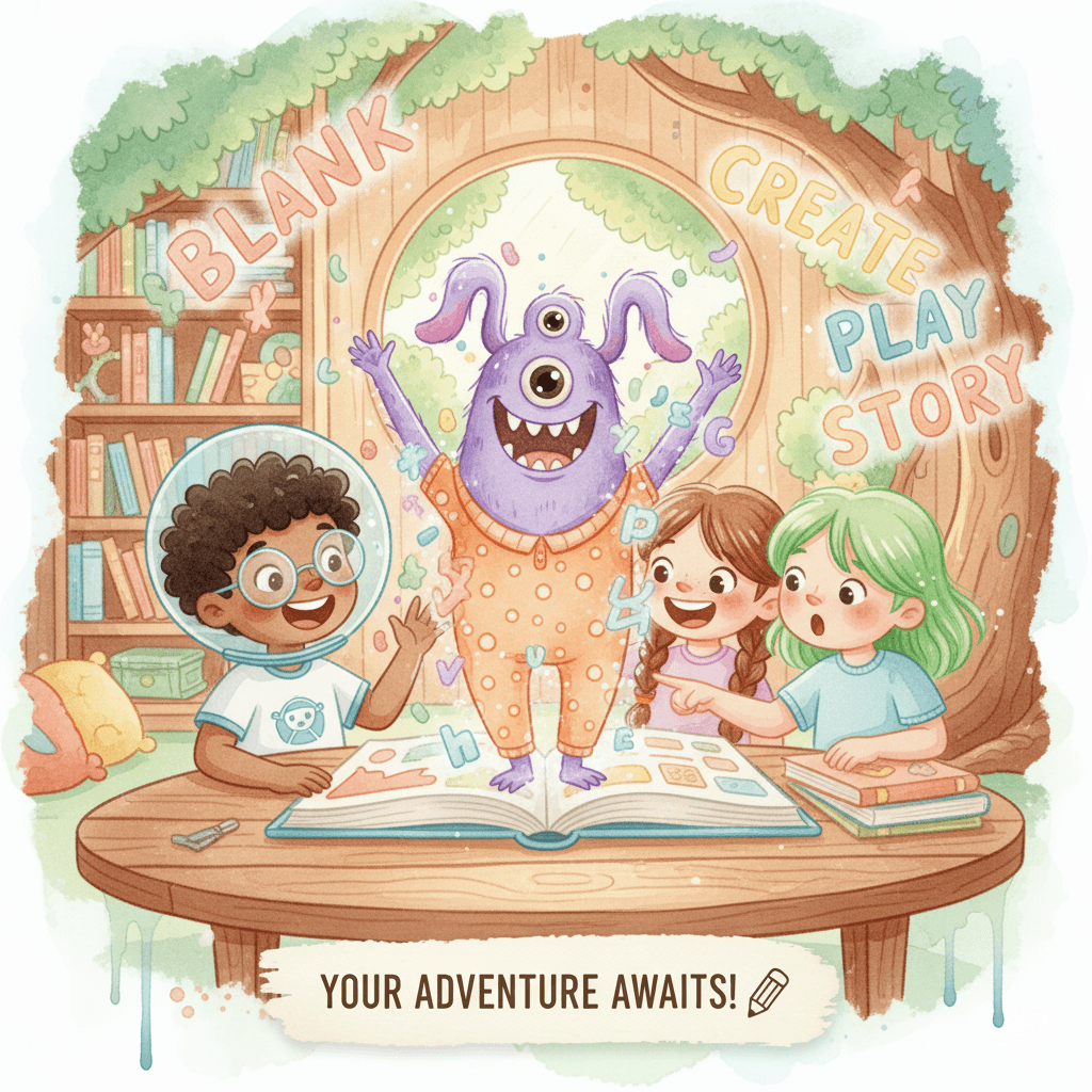 Story builder screen from Silly Scribe showing the fill-in-the-blank prompts.